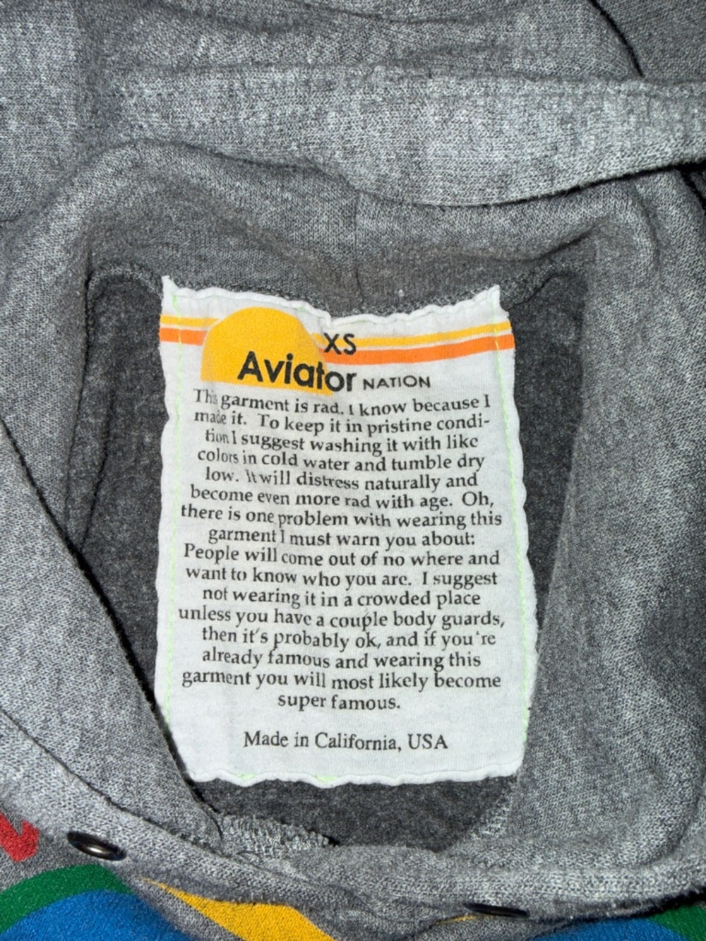 Aviator Nation Laguna Grey Hoodie with Rainbow Surf Logo XS - Picture 5 of 7